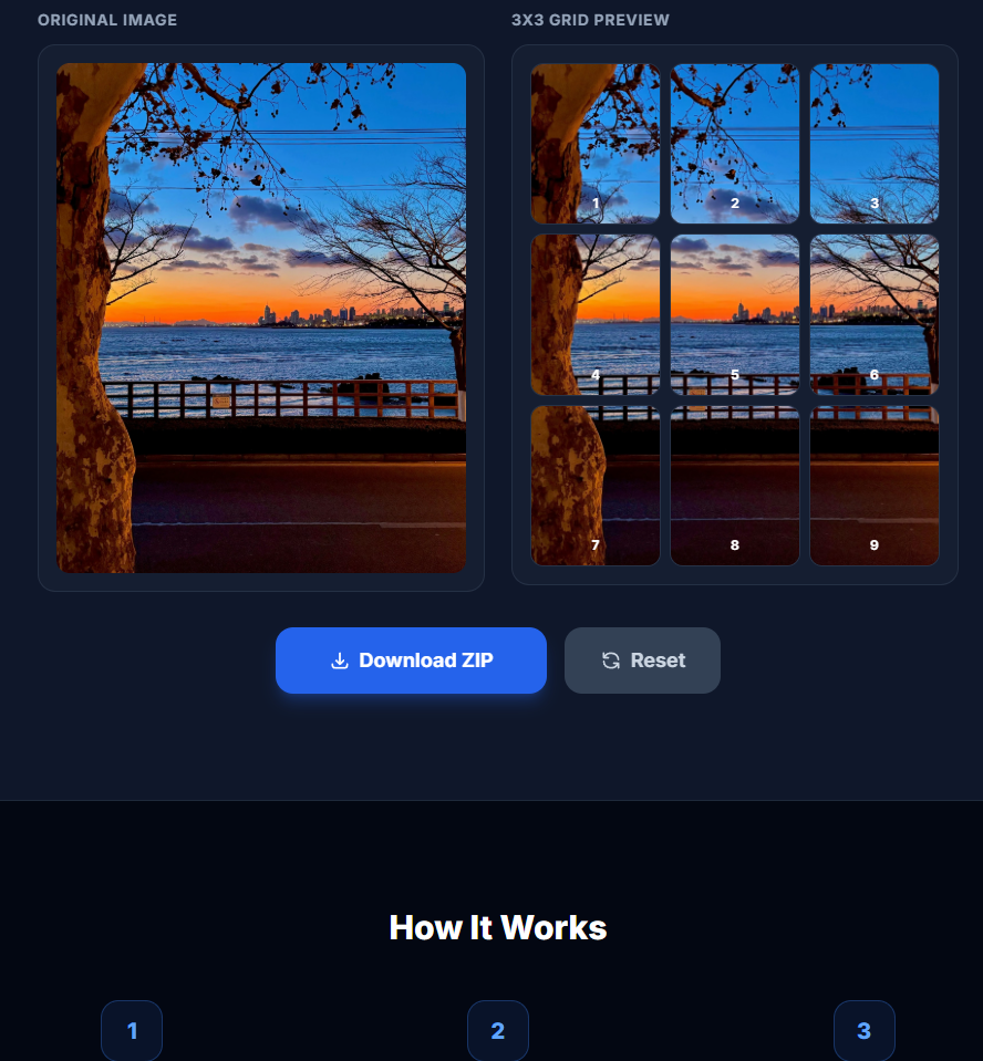 Screenshot of ToolKnit Image Grid Split tool showing a sunset panorama being split into 9 squares